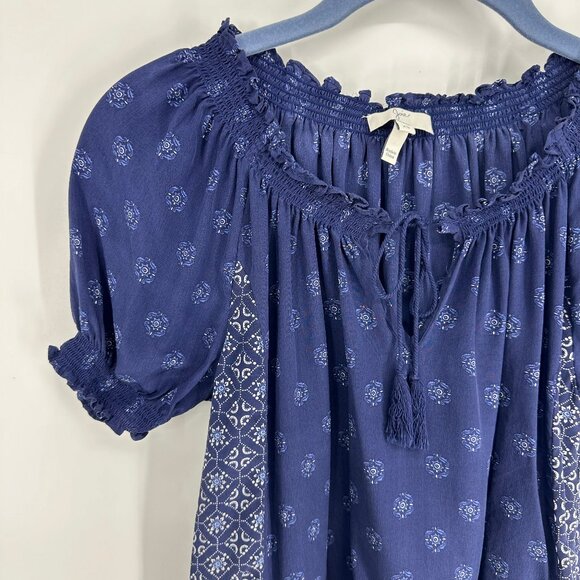 3/$25 Joie 100% Silk Peasant Top Blouse XS Short Sleeves Smocked Boho Navy Blue - Picture 4 of 7